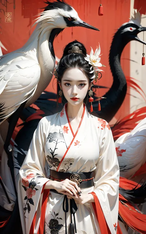 Ink painting, ink painting, splash-ink, ink splash, calligraphy, Chinese characters, Chinese character background
Red crowned crane1girlHanfu,
<lora:~Q?-d Red crowned crane:0.8>