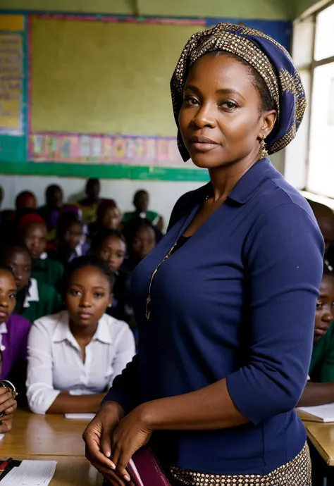 nigeria, a (55yo persioner female teacher) standing in a classroom, ((((surrounded by students)))), teaching,, (sharp focus:1),looking at viewer, seductive, by abby winters,