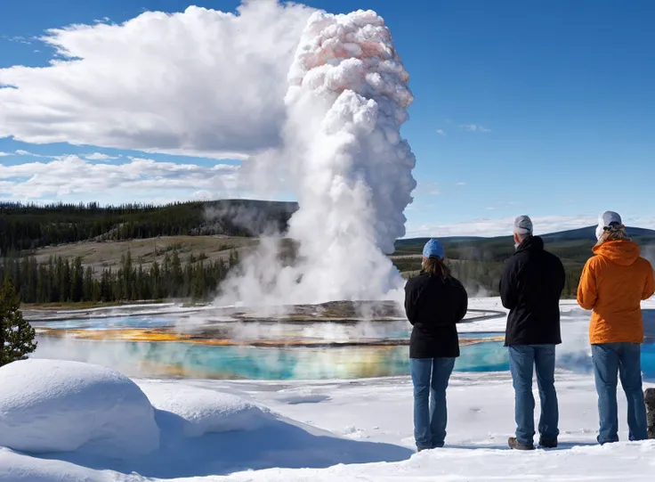 yellowstone national park, tourists watching geysir,