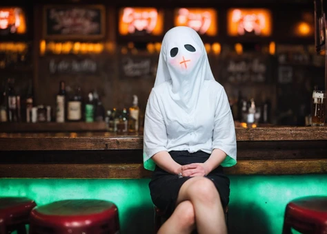 professional RAW photography of a cute ghost sitting in a crowded bar drinking beer