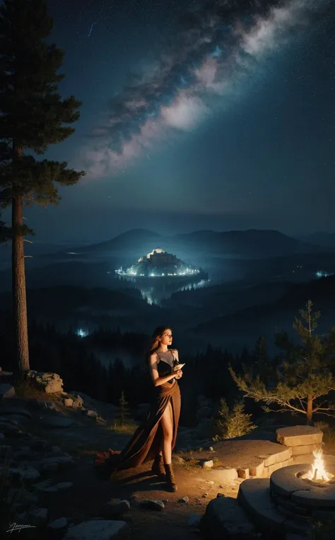 (style of [Cathleen McAllister|Ilya Kuvshinov|Loish|Daniela Uhlig|Ross Tran]:0.7), (perfect seductive young woman Discovering an Ancient Artifact Atop a Mountain:1.3) mystical artifact on a mountaintop, surrounded by ancient ruins, under a canopy of stars, the artifact glowing with an otherworldly light.