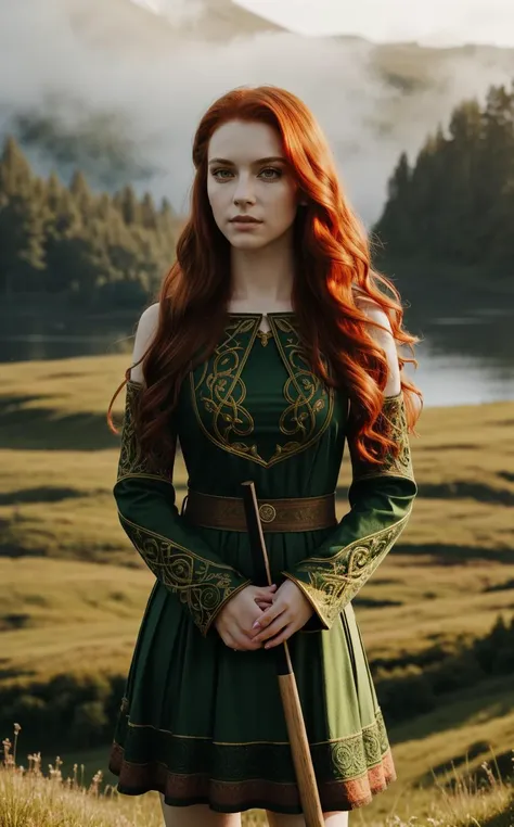 (style of [Cathleen McAllister|Ilya Kuvshinov|Loish|Daniela Uhlig|Ross Tran]:0.7), outdoor Scottish highlands, vivid sunset hues, fantasy setting. A striking redhead woman, (distinctly Scottish), wearing an elaborate elven inspired gown is a fusion of deep emerald green and earthy browns, with intricate Celtic knotwork embroidery in gold thread, Flowing sleeves, a fitted bodice+, short skirt , fiery red hair is styled in a cascade of loose curls, green eye, stands atop a grassy knoll, overlooking a misty loch. In her hands, she holds an ancient, rune carved staff, emanating a soft, other worldly glow.,