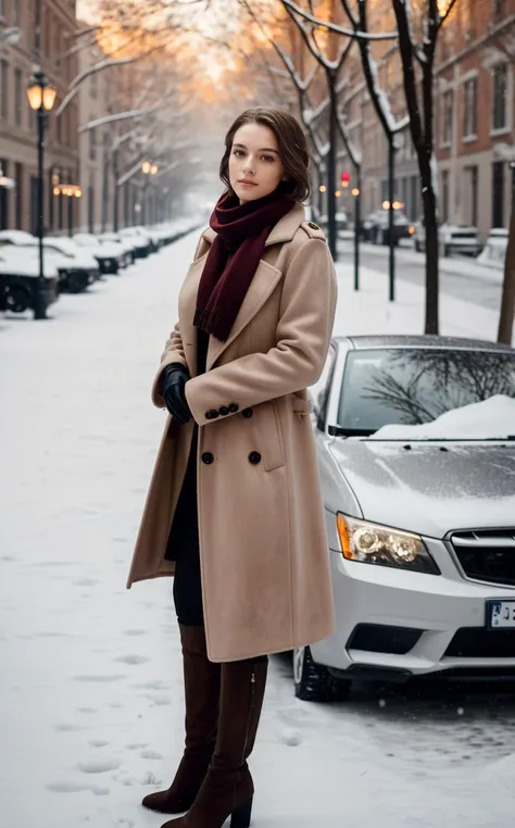 (style of [Cathleen McAllister|Ilya Kuvshinov|Loish|Daniela Uhlig|Ross Tran]:0.7), [winter:high-fashion:0.7] setting, a young adult woman striking an elegant pose amidst a snowy urban landscape, featuring a luxurious wool coat, tailored to perfection with a cinched waist and exaggerated lapels, rich burgundy color, texture visible, complemented by a cashmere scarf in a soft, contrasting hue, draped effortlessly around the neck, knee-high suede boots in a deep espresso, a touch of sophistication, delicate leather gloves adorning her hands, a subtle nod to classic elegance, softly curled hair tumbling over her shoulders, makeup natural with a hint of rosiness on cheeks and lips, capturing the essence of winter warmth and style, snowflakes gently falling around, creating a serene, almost magical atmosphere, soft golden hour light casting a warm glow, highlighting the intricate details of the coat, the backdrop a blend of historic architecture and modern elements, creating a juxtaposition of timelessness and contemporary fashion, her expression serene and confident, embodying the spirit of a modern, stylish winter.