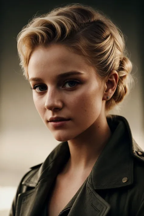 photo of beautiful (jsch1aepfer:0.99), a woman with perfect blonde hair upsweep updo, wearing Army Brown (overcoat:1.1), (tintype, vintage photo:1.2), (plain background, gradient:1.1), closeup portrait, modelshoot style, (extremely detailed CG unity 8k wallpaper), professional majestic photography, (Leica M6 Camera), 24mm, exposure blend, hdr, faded, extremely intricate, High (Detail:1.1), Sharp focus, dramatic, soft cinematic light, (looking at viewer), (detailed pupils), 4k textures, elegant, ((((cinematic look)))), soothing tones, insane details, hyperdetailed, low contrast, (epicPhoto)