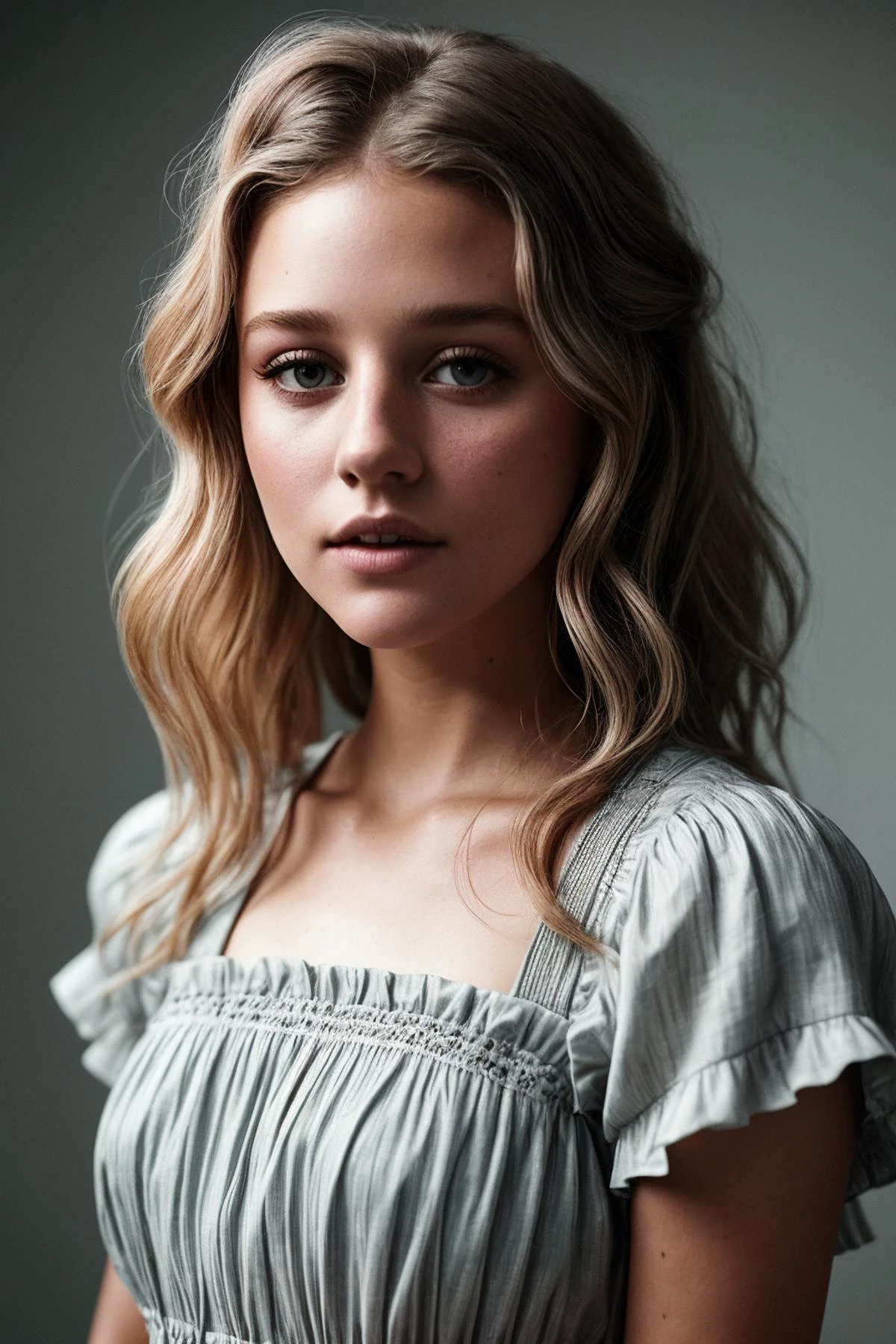photo of beautiful (jsch1aepfer:0.99), a woman with perfect hair, wearing Sheffield Gray (Ruffle Blouse, Cargo Capris:1.1), (tintype, vintage photo:1.1), (plain background, gradient:1.1), (closeup portrait), modelshoot style, (extremely detailed CG unity 8k wallpaper), professional majestic photography, (Leica M6 Camera), 24mm, exposure blend, hdr, faded, extremely intricate, High (Detail:1.1), Sharp focus, dramatic, soft cinematic light, (looking at viewer), (detailed pupils), 4k textures, elegant, ((((cinematic look)))), soothing tones, insane details, hyperdetailed, low contrast, (epicPhoto)