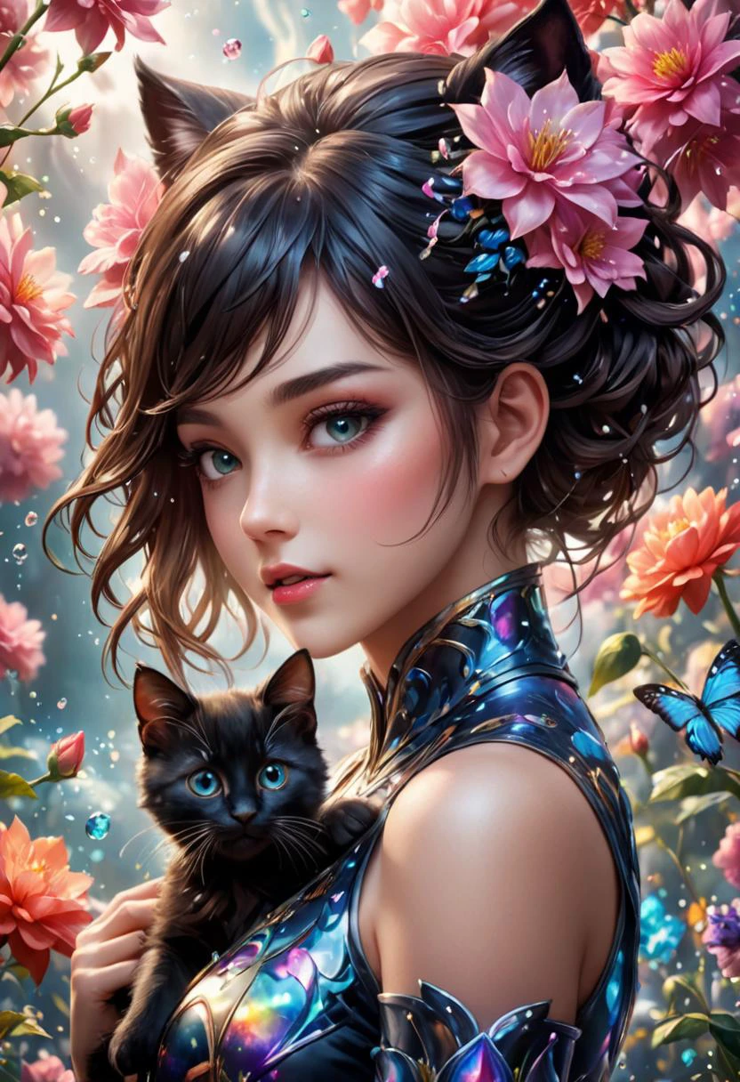 A captivating mythsxl kittengirl holds a kitten close to her heart, solo, enchanting and mysterious gaze draws the viewer into this fantastical world, where they find themselves standing amidst an intricate flower garden filled with stunning blooms of every color imaginable, 3d anime masterpiece is a testament to both artistry and technical prowess, showcasing professional-grade detail that would be worthy of any award ceremony, style of Yanjun Cheng, iridescent, style of Casey Baugh, style of Charlie Bowater, <lora:mythsxl:0.8>
