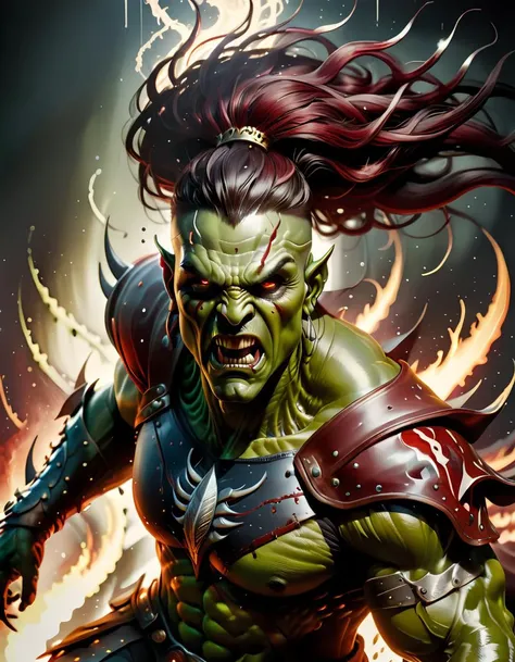natural orc skin, An absolutely staggering piece of artwork featuring an imposing mythsxl Orc warrior charging forth with his mighty club, detailed green skin, against a dark sky, detailed individual strands of fur on the Orc's body to the subtle variations in skin tone and tusks, each element is painstakingly rendered to perfection, The dim lighting creates a moody atmosphere that enhances the warrior's menacing presence, palpable sense of depth and dimension, unforgettable and truly breathtaking work of art, high contrast, style of Eddie Mendoza and Peter Mohrbacher, unparalleled detail and quality, ultra-realistic textures, sharp focus <lora:mythsxl:0.8>