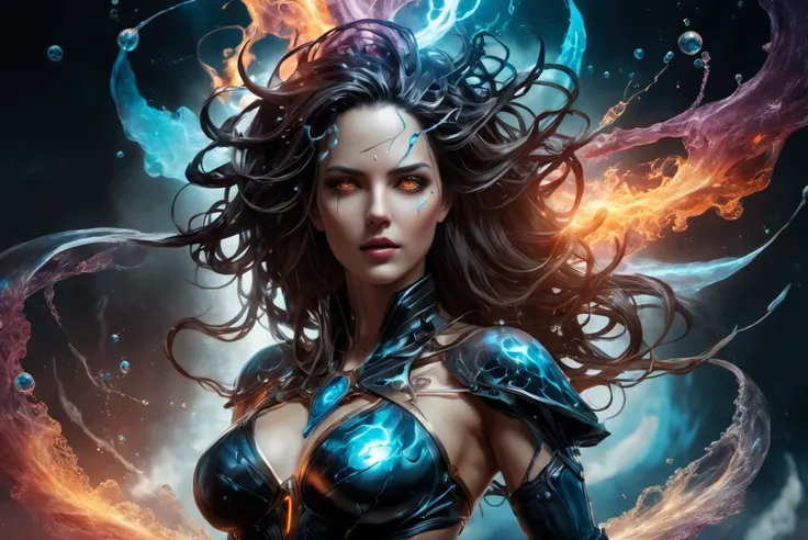 portrait of a beautiful 30 year old magical woman. she has black hair is busty and barely clothed standing in front of a energy portal , illustration, dark fantasy