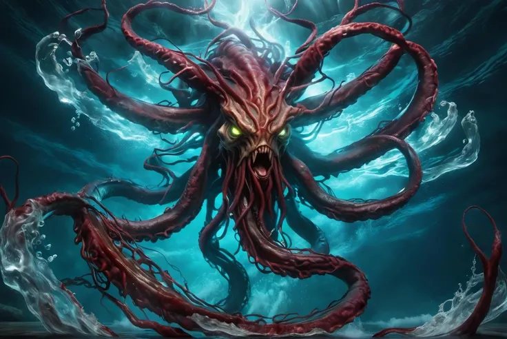 portrait of a kraken,awardwinning, 8k, atmospheric,dramatic,godlike,superpowers,power surge,epic, mythsxl style,<lora:mythsxl:1>