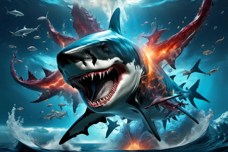 portrait of a gigantic shark monster,awardwinning, 8k, atmospheric,dramatic,godlike,superpowers,power surge,epic,representation of absolute power,dense particles in the atmosphere,in the style of aleksi briclot,sandra chevrier and mythsxl,<lora:mythsxl:1>