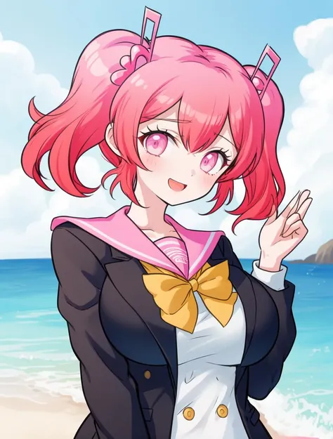 1girl, (yellow ribbon:1), happy, black blazer, school uniform, big breasts, twin tails, pink and red hair, light pink eyes, beach<lora:KanadeOtonokoji:0.8>