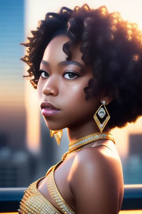 photo of rieledowns, (front to camera), detailed face, (aspiring facial expression), (((diamondpunk style close))), ((city in the background)), RAW, analog style, ultra detailed photograph, cinematic lighting, artstation, 4k, sharp focus, high resolution, detailed skin, detailed eyes,