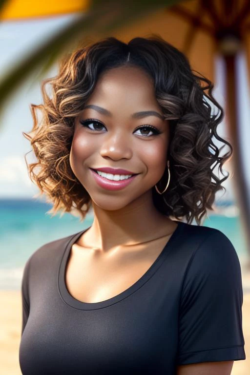 (sharp focus:1.2), photo, attractive rieledowns, (beautiful face:1.1), detailed eyes, luscious lips, (cat eye makeup:0.85), (big smile:1.2), wearing (tight tshirt:1.2) on a (beach:1.2). (moody lighting:1.2), depth of field, bokeh, 4K, HDR. by (James C. Christensen:1.2|Jeremy Lipking:1.1).