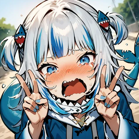 crying, tearing up, tears, blush, (masterpiece,best quality),double v, looking at viewer, upper body, cinematic angle, depth of field, outdoors,1girl, gawr gura, virtual youtuber, tail, fish tail, shark tail, solo, blue eyes, multicolored hair, grey hair, full body, blue hair, streaked hair, bangs, hair ornament, shark hair ornament, two side up, white background, hood, blunt bangs, shark girl, hoodie, simple background, blue hoodie