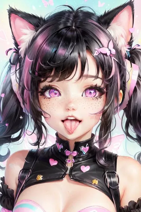 <lora:DI_belle_delphine_v1:.8> (black hair:1.5),
long hair, (twin tails:1.2), cat ears, closeup face, freckles, (pink eyes:1.1), stars, hearts, butterfly, detailed eyes, focus,
<lora:ahegao_xl_v4_nd20_na10_cd20_ca10:.8> tongue out, ahegao,
<lora:KawaiiTech:.8> kawaiitech, pastel colors, kawaii, cute colors, scifi,