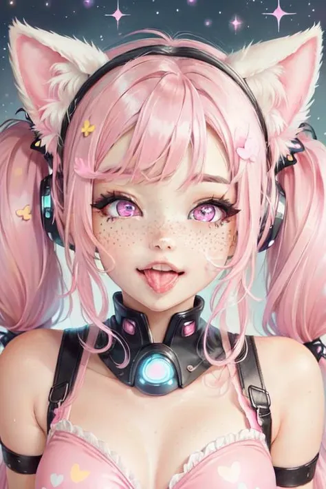 <lora:DI_belle_delphine_v1:.8> pinkhair,
long hair, (twin tails:1.2), cat ears, closeup face, freckles, (pink eyes:1.1), stars, hearts, butterfly, detailed eyes, focus,
<lora:ahegao_xl_v4_nd20_na10_cd20_ca10:.8> tongue out, ahegao, 
<lora:KawaiiTech:.8> kawaiitech, pastel colors, kawaii, cute colors, scifi,