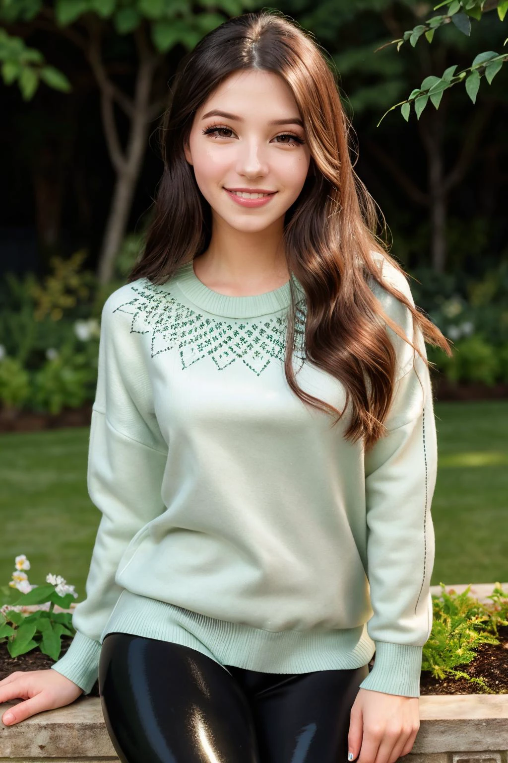 DI_belle_delphine_v1, <lora:DI_belle_delphine_v1:0.5>, (25 years old), smiling, long hair, modern photo, (wearing edgPO pullover, edgPO), <lora:edgPullovers:1>, (wearing leggings), (35mm, F/2.8) Photo Focus, DOF, Aperture, insanely detailed and intricate, character, hypermaximalist, beautiful, revealing, appealing, attractive, amative, hyper realistic, super detailed, beautiful woman, ((detailed eyes)), long eyelashes, (glossy lips), in the garden