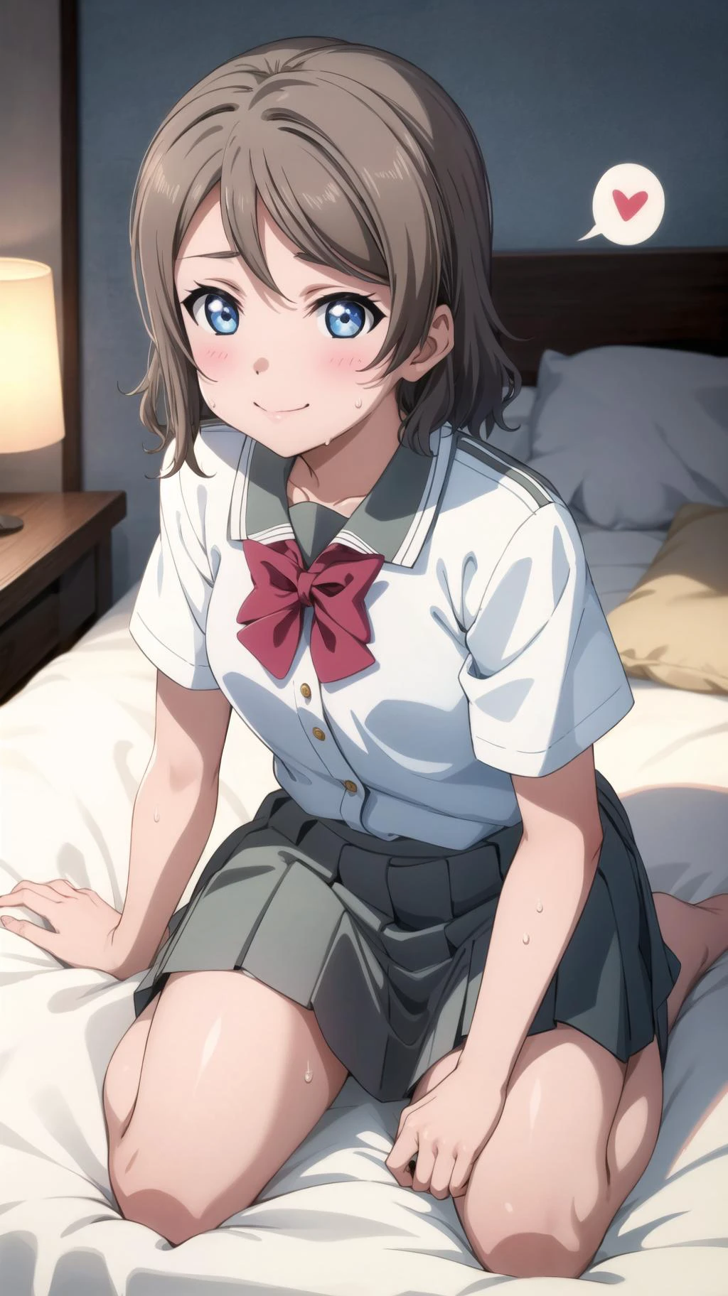 masterpiece, best quality, highres, BREAK,<lora:you-lovelive-01:0.8>, you watanabe, uranohoshi school uniform, bowtie, BREAK
, (smirk:0.9),
BREAK,
(spoken hearts:1.2),sweat,(deep breathe:1.2),(on bed:1),(steam:1.2) ,looking at viewer, full body,
BREAK