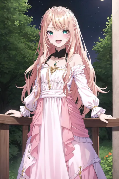 best quality, ((masterpiece)), highly detailed, night sky, outdoors, forrest,
1girl, <lora:chara_Isleve_LexiaVonAlceria_v1:0.9>, Lexia Von Alceria,
looking at the viewer, smile, open mouth, slight blush,
green eyes, blonde hair, long hair, swept bangs, dress, long sleeves, necklace