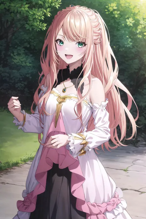 best quality, ((masterpiece)), highly detailed, outdoors, forrest,
1girl, <lora:chara_Isleve_LexiaVonAlceria_v1:0.9>, Lexia Von Alceria,
looking at the viewer, smile, open mouth, slight blush,
green eyes, blonde hair, long hair, swept bangs, dress, long sleeves, necklace