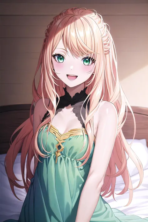 best quality, ((masterpiece)), highly detailed, indoors, bed,
1girl, <lora:chara_Isleve_LexiaVonAlceria_v1:0.9>, Lexia Von Alceria,
looking at the viewer, smile, open mouth, slight blush, upper body,
green eyes, blonde hair, long hair, swept bangs, green dress