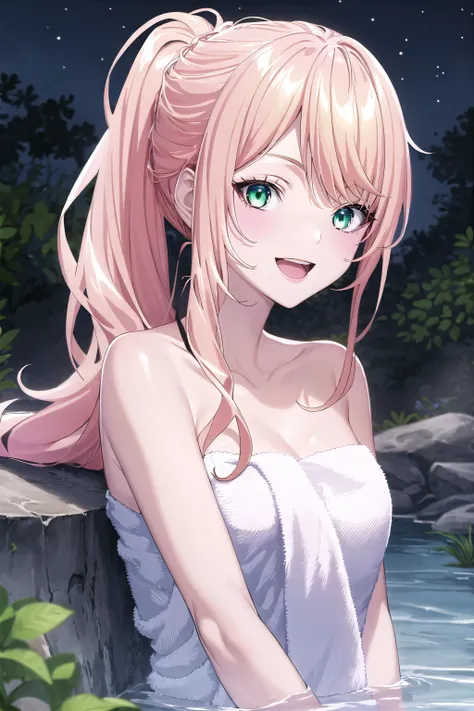best quality, ((masterpiece)), highly detailed, partially submerged, night sky, water, steam, cleavage,
1girl, <lora:chara_Isleve_LexiaVonAlceria_v1:0.8>, Lexia Von Alceria,
looking at the viewer, smile, open mouth, medium breasts, upper body,
green eyes, blonde hair, long hair, short ponytail, swept bangs, (towel:1.3)