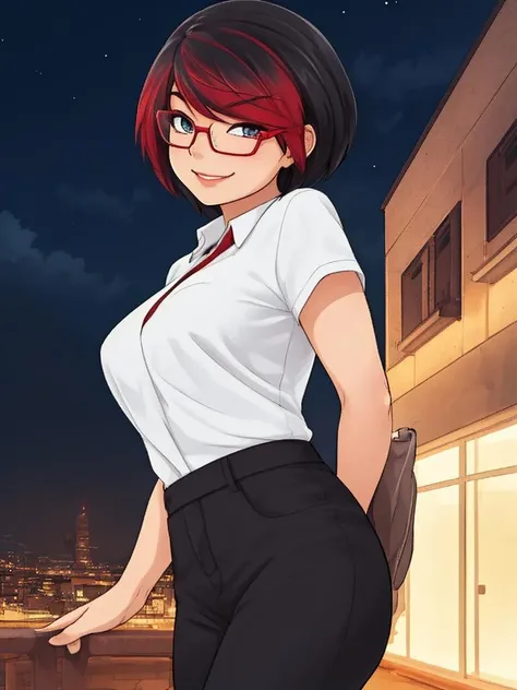<lora:ARHP:1>, arhp, 1girl, looking at viewer, short hair, black top, standing, night sky background, smirk, red black hair, glasses, perfect lighting, realistic, sharp detail, sexy, beautiful, hd, anime style, best quality, hdr