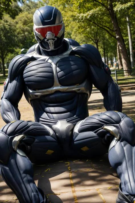 soft shading, 8K, Masterpiece, highres, future fiction. red visor, Detailed head, Detailed Body, full body, Detailed abs, human wearing crNanosuit, footpose, sitting, solo. background park, <lora:crNanosuit:1> <lora:footpose-v2:0.3>