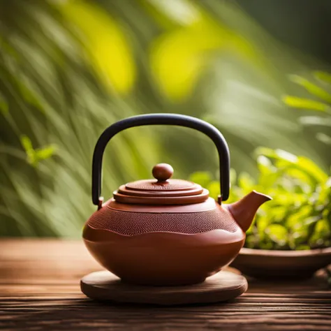 zishahu, yixing clay teapot, teapot, product photography, commercial photography, no humans, outdoors, cup, realistic, blurry background