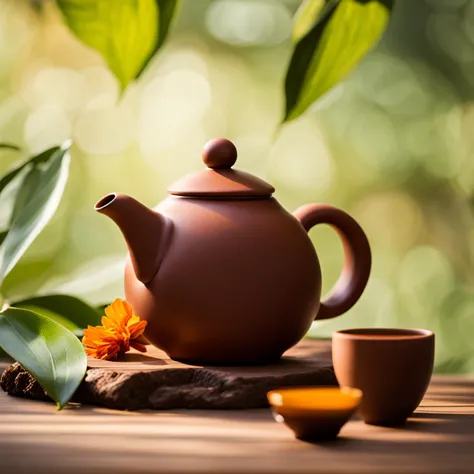 zishahu, yixing clay teapot, teapot, product photography, commercial photography, no humans, outdoors, cup, realistic, blurry background