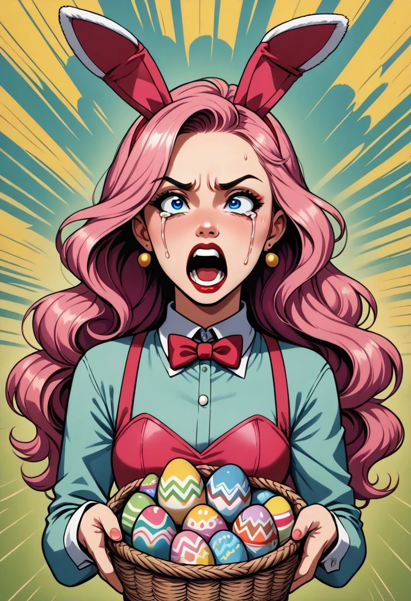 pptlszxl, easter bunny costume, 1girl, pastel pink hair, constipated face, female focus, stressed, anxiety, white body suit,solo, crying, yelling, screaming, angry, (angy, very very angy), holding a basket of easter eggs, jewelry, blue eyes, earrings, lipstick, makeup, long hair, flat color, newsprint texture, illustration, pop art, screenprinting, halftone printing, contemporary art, modern art, graphic art, commercial art, bold colors, bold lines, comic book style, kitsch, retro style, vibrant colors, comic art, advertising art, score_9, score_9_up, score_8_up, score_7_up, score_6_up, score_5_up, score_4_up, retro art style, ligne claire