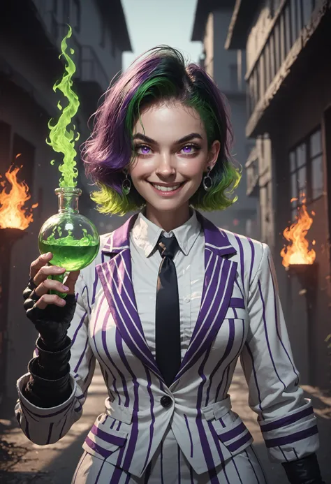 1girl, solo, smile, gloves, green hair, two tone hair, dyed bangs, medium length hair, multicolored hair, black hair, purple hair, white shirt, looking at viewer, black gloves, jewelry, collared shirt, jacket, formal,  necktie, purple eyes, necklace, depth of field, white suit, pinstripe suit, medium breasts, prison clothes, holding a bottle, potion bottle with green magic, fingerless gloves, earrings, white shirt, magic, green fire, flames, neon, beetlejuice beetlejuice beetlejuice , beetlejuice inspired, underworld vibes, outdoors, hellscape, sidelighting, BREAK PonyXLV6_Scores , <lora:Virtual_3d_Diffusion_Update-10:0.5>