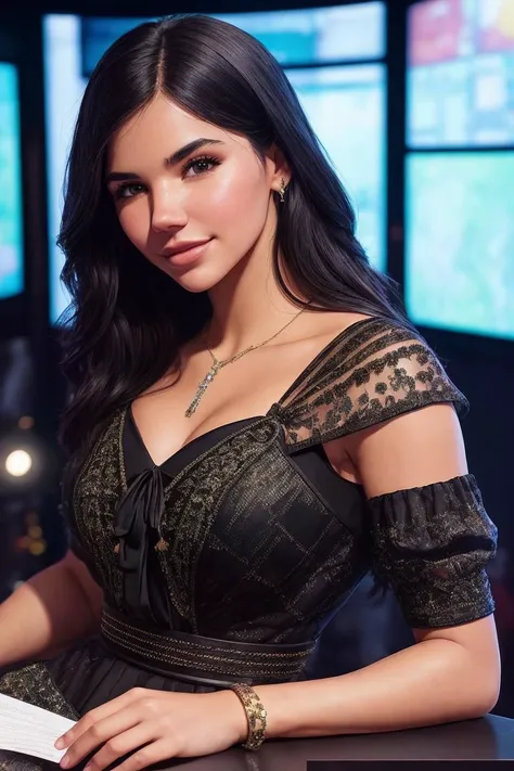 photo of (st3phsonet:0.99), a woman as a tv host, (sports announcer), (in a tv studio), (presentig a weather forecast), modelshoot style, (extremely detailed CG unity 8k wallpaper), photo of the most beautiful artwork in the world, professional majestic oil painting by Ed Blinkey, Atey Ghailan, Studio Ghibli, by Jeremy Mann, Greg Manchess, Antonio Moro, trending on ArtStation, trending on CGSociety, Intricate, High Detail, Sharp focus, dramatic, photorealistic painting art by midjourney and greg rutkowski, (sexy polka dress with neckline), ((looking at viewer)), (detailed pupils:1.3), (modern outfit:1.2)