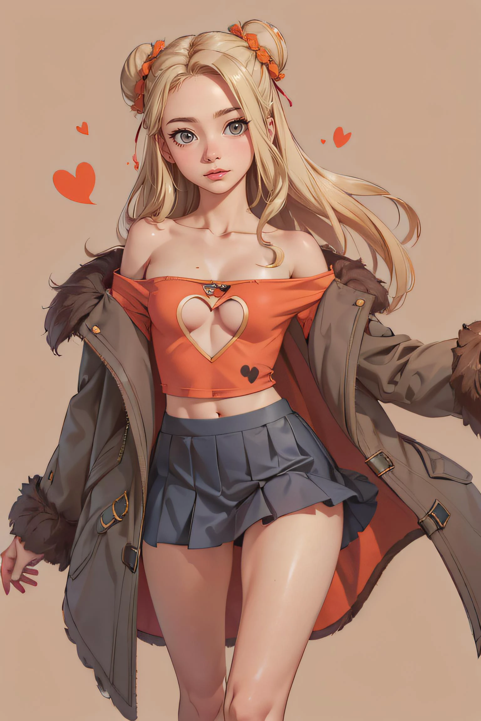 highres, detailed, <lora:detail_slider_v4:1.0>,<lora:make25d_type1_v100:0.4>,
<lora:GoodHands-beta2:0.8>,
1 girl, adult woman, grey eyes, blonde bun hair,
cute,
(simple dark orange background:1.1),
solo,
spinning around, walking, facing viewer,
t-shirt, heart shaped chest cutout, loose fur-lined coat, (loose oversized offshoulder coat:1.05), ruffled microskirt, bare legs,
windblown hair,