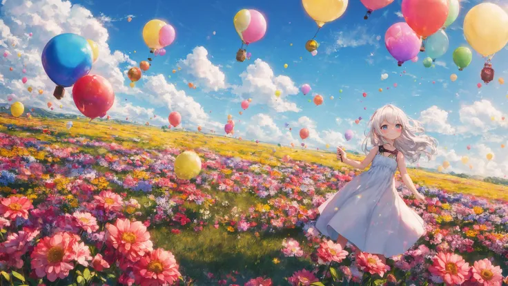 Solo focus, dynamic angle from below, full body, lens flare,
walking, looking at sky, little cute dress,
Toddler, kawaii, flying balloon up to sky, Blue sky,
windy, blush, small smile, :•, white hair,
Outdoors, landscape, kaleidoscope, beautiful sky, cloudy sky, colorful balloon, holding balloon,
a blue sky with many flying Balloon, lens flare, flower field,
Masterpiece, best quality,