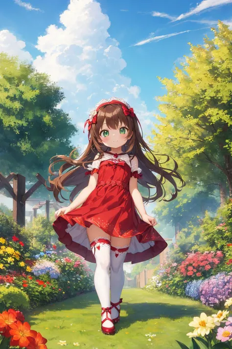 ( girl:1.45), full body,
1girl, brown hair, green eyes, colorful, summer, cumulonimbus clouds, lighting, blue sky, windy, garden,
beautiful sky, flower, red dress, white thighhighs,