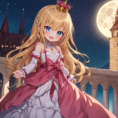 ( cute girl:1.4), (Solo focus girl:1.2),
blue eyes, outdoors, long blonde hair, solo, tall tower, rose, crown, gown, smile, night, balcony, fringe, bare arms, open mouth, puffy sleeves, pink gown, bricks, moon, standing, trellis, sweetheart neckline, courtyard
BREAK
A littleess with blue eyes and long blonde hair is standing on a balcony of a tall tower in a castle courtyard at night. She is wearing a pink gown with puffy sleeves and a sweetheart neckline. She has a crown on her head and a fringe. She is smiling with her mouth open, There are bricks, a trellis and the moon around her.