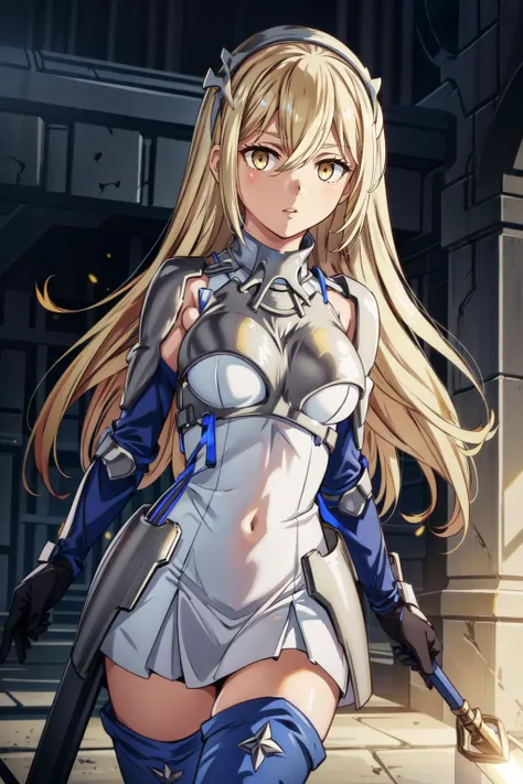 (masterpiece, best quality),  intricate details,
1girl, solo,<lora:aiztest:0.8> aiz wallenstein, blonde hair, hair between eyes, hairband, long hair, (yellow eyes:1.5), sidelocks, armor, black gloves, blue footwear, blue thighhighs, boots, breastplate, covered navel, dress, gauntlets, gloves, headgear, knee pads, long sleeves, multicolored clothes, multicolored dress, taut clothes, taut dress, thigh boots, thighhighs,, 
 <lora:add_detail:0.8>
 fcPortrait