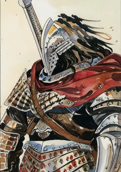 a painting of a medieval knight, heavily armored, masculine, wearing a helmet, strong image, aggressive pose, battle worn, rugged image, watercolor painting, grim atmosphere, tired, wearing a tattered cape, (damaged armor:1.2)