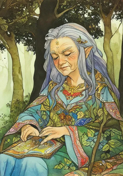 a painting of a very old and wise woman in the forest. fantasy, fairy tale, watercolor painting, skin wrinkles