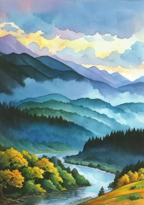 a landscape painting of a wooded area, mountains visible in the distance, hilly terrain with valleys and rivers, waterfalls, beautiful lighting, godrays, clouds, masterpiece:1.2, watercolor painting, fantasy style