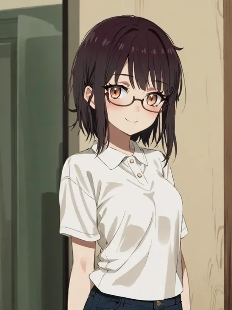 <lora:fujimiya:0.7:NP> fujimiya sumika cute 1girl, copper eyes eyelashes eyeliner underrim eyeglass, dark brown hair shiny hair short cut sidelocks bang seductive smile blush  pale purple polo shirt silver denim shorts  beige pantyhose