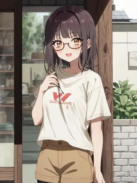 <lora:fujimiya:0.7:NP> fujimiya sumika cute 1girl, copper eyes eyelashes eyeliner underrim eyeglass, dark brown hair shiny hair short cut sidelocks bang :D blush blond overall, green T-shirt beige pantyhose