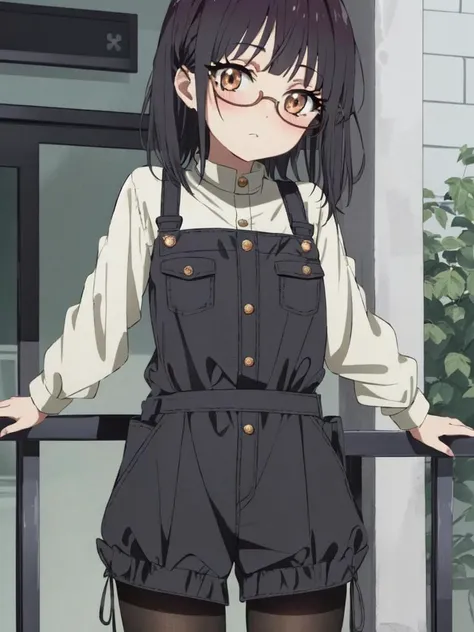 <lora:fujimiya:0.7:NP> fujimiya sumika cute 1girl, copper eyes eyelashes eyeliner underrim eyeglass, dark brown hair shiny hair short cut sidelocks bang happy blush amber jumpsuit beige pantyhose