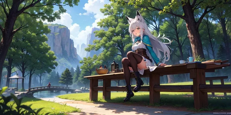 Girl with dog ears and tail, erect ears, honey yellow eyes, Highly detailed eyes, long hair and(((( White)))) with a small braid on the sides, denim shorts, translucent and low-cut blouse, whole body, looking up, open mouth smile, big chest, beautiful body, detailed face y con amplia gama de gestos, leaning on a bench around a garden with flowers of various colors, detailed background, detailed face, Play of light and shadows, cinematographic, high quality, 8k, Masterpiece,