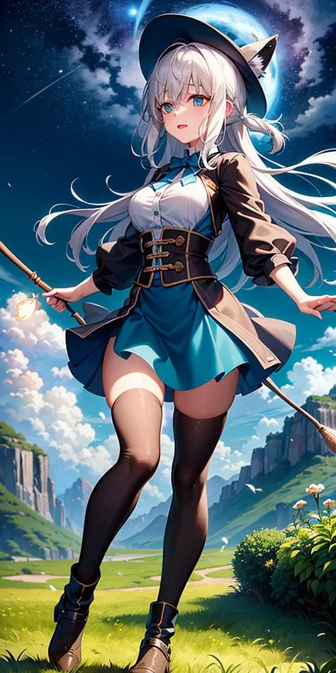 highest quality, Octans,whole body espian,Hoshino,hair bobbles,low twintails ,hurricane blue,ninpuu sentai hurricanger,thigh high boots,leotardチラ見せ,glove,healthy skin,elegant, 1 girl, leotard,body suit,cute, blushed, looking at the viewer, from below,lower your gaze,blue eyes, beautiful eyes, beautiful background, particles of light, dramatic lighting, outside, shiny, realistic, highest quality, Super detailed, get used to it, scenery, beautiful and detailed eyes, thin hair,full body shot,屋outside