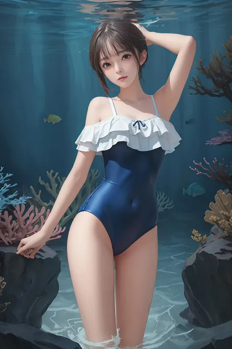 ((((ultra illustrated style:1.0)))),best quality,best animated,masterpiece,ray tracing, global illumination,Deep Sea Girl Background,head,frilled swimsuit,blue one-piece swimsuit,cowboy shot, short hair,arms behind back, <lora:Deep Sea Girl Background:0.5> <lora:Hoshizaki Ao_07:0.4> <lora:frilled swimsuit:0.7>