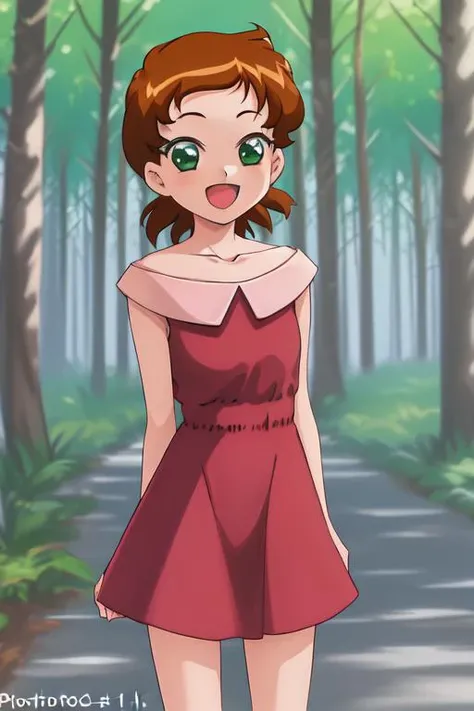 (((perfect-photoproof-and-videoproof-authentic-reality-realistic-perfect, perfect-1girl-solo-perfect, prominent))) <lora:sndsuzuka trigger -Suzuka (Omoikkiri Kagaku Adventure Sou Nanda!)-:1>child-sndsuzuka, short hair, brown hair, green eyes, collarbone, red dress, :d, looking at viewer, standing, forest