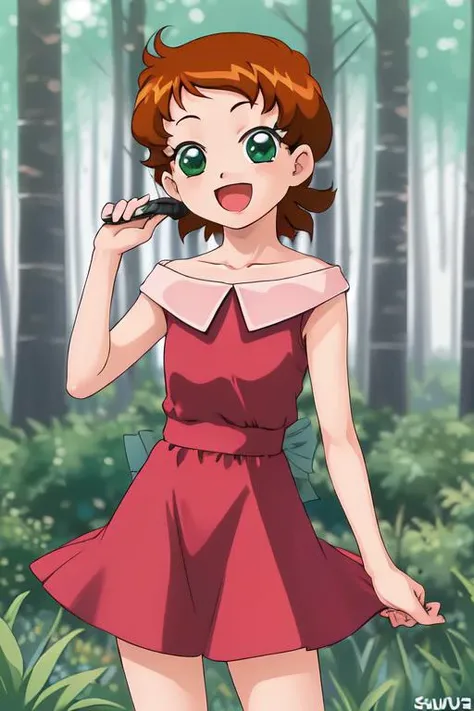 (((perfect-photoproof-and-videoproof-authentic-reality-realistic-perfect, perfect-1girl-solo-perfect, prominent))) <lora:sndsuzuka trigger -Suzuka (Omoikkiri Kagaku Adventure Sou Nanda!)-:1>child-sndsuzuka, short hair, brown hair, green eyes, collarbone, red dress, :d, looking at viewer, standing, forest