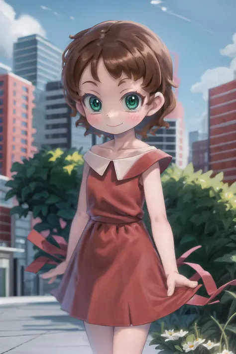 1girl, sndsuzuka, short hair, brown hair, green eyes, collarbone, red dress, smile, looking at viewer, standing, city <lora:sounanda-suzuka-000004:0.9>